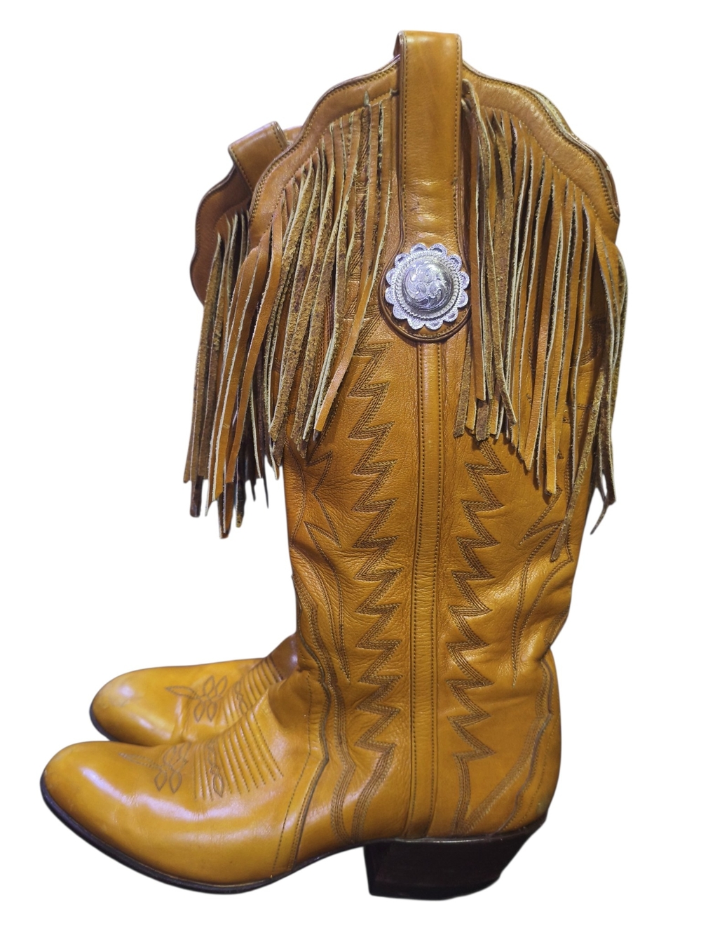 Fringe Western Heeled Boots in Mustard Leather